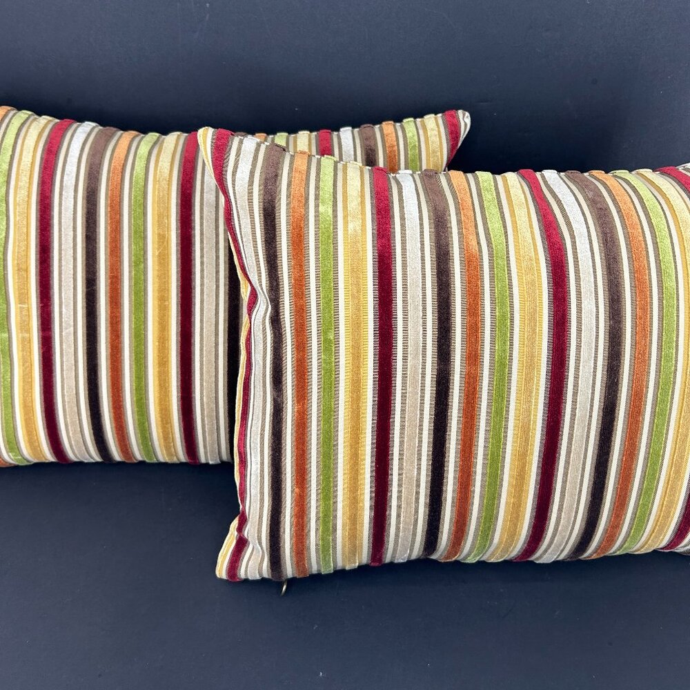 (2) Pier One 13x19 Textured Velvet Striped Pillow Covers & Down Inserts VTG BOHO